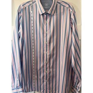 BUGATCHI UOMO Mens Pink Blue Striped Button‎ Down Long Sleeve Dress Shirt
